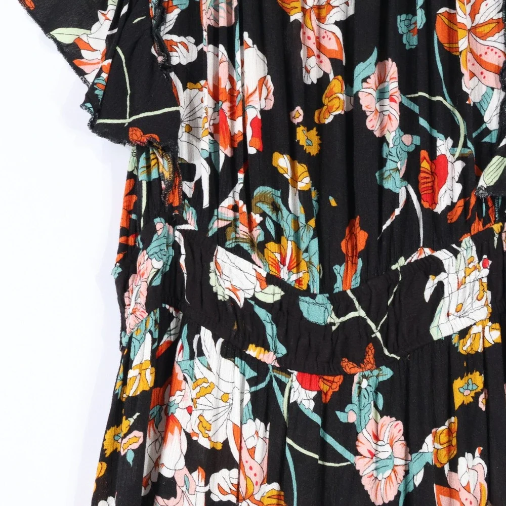 Bohme Floral Maxi Dress Womens XL Black Flutter Sleeve Smocked Waist Boho Flowy